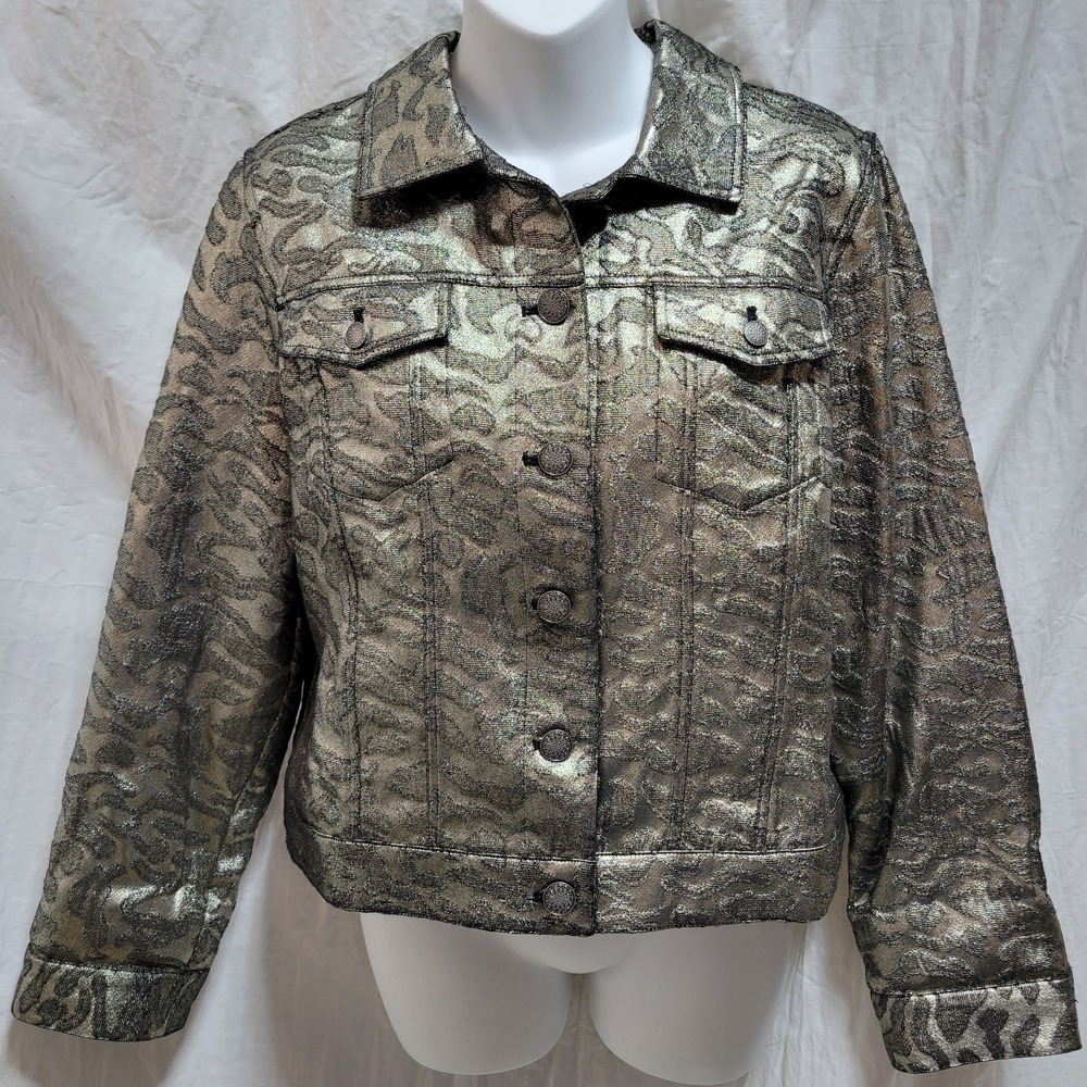 Chicos Jacket Women Sz‎ 1 M Lightweight Metallic Denim Jacquard Silver NWT